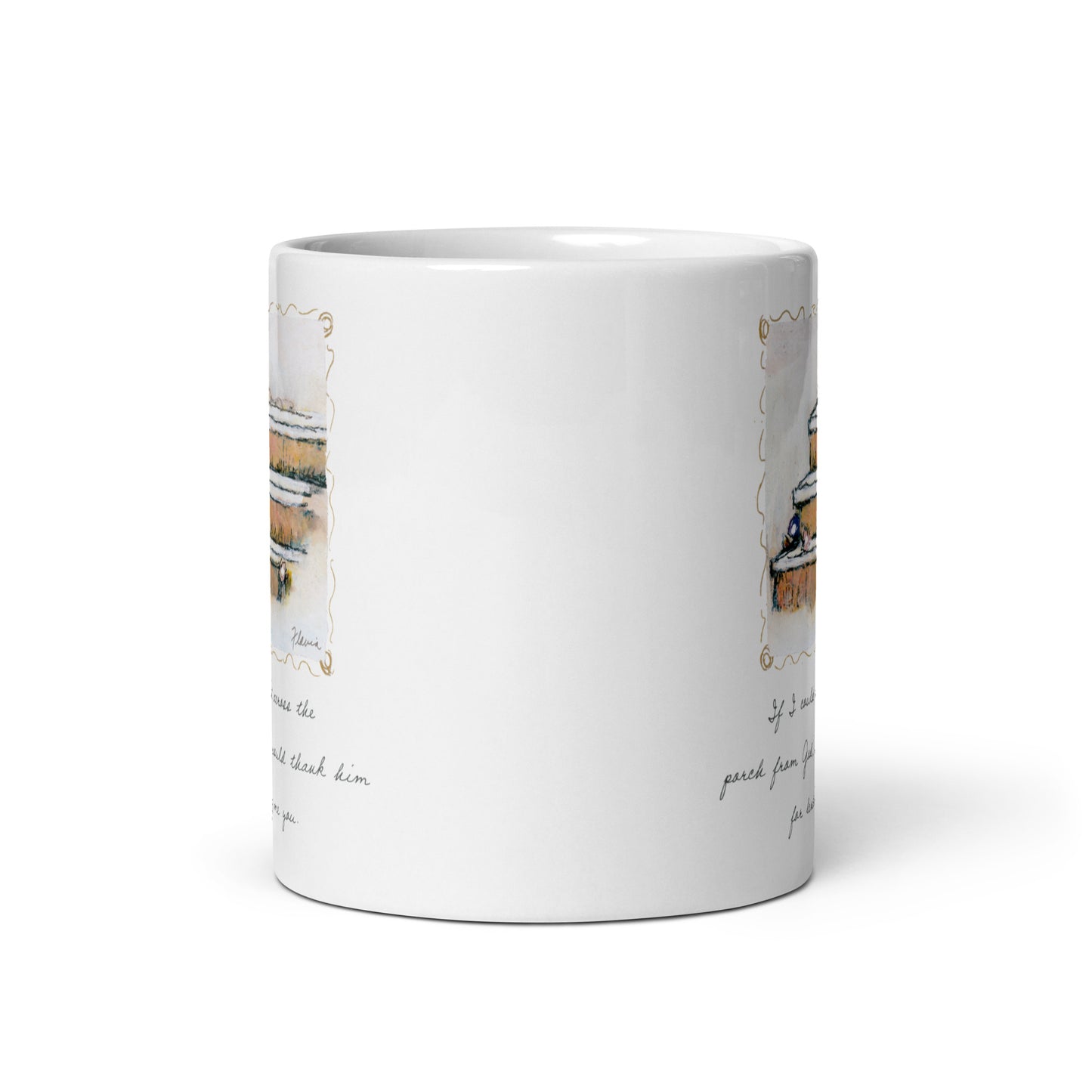 Flavia Across The Porch From God White glossy mug