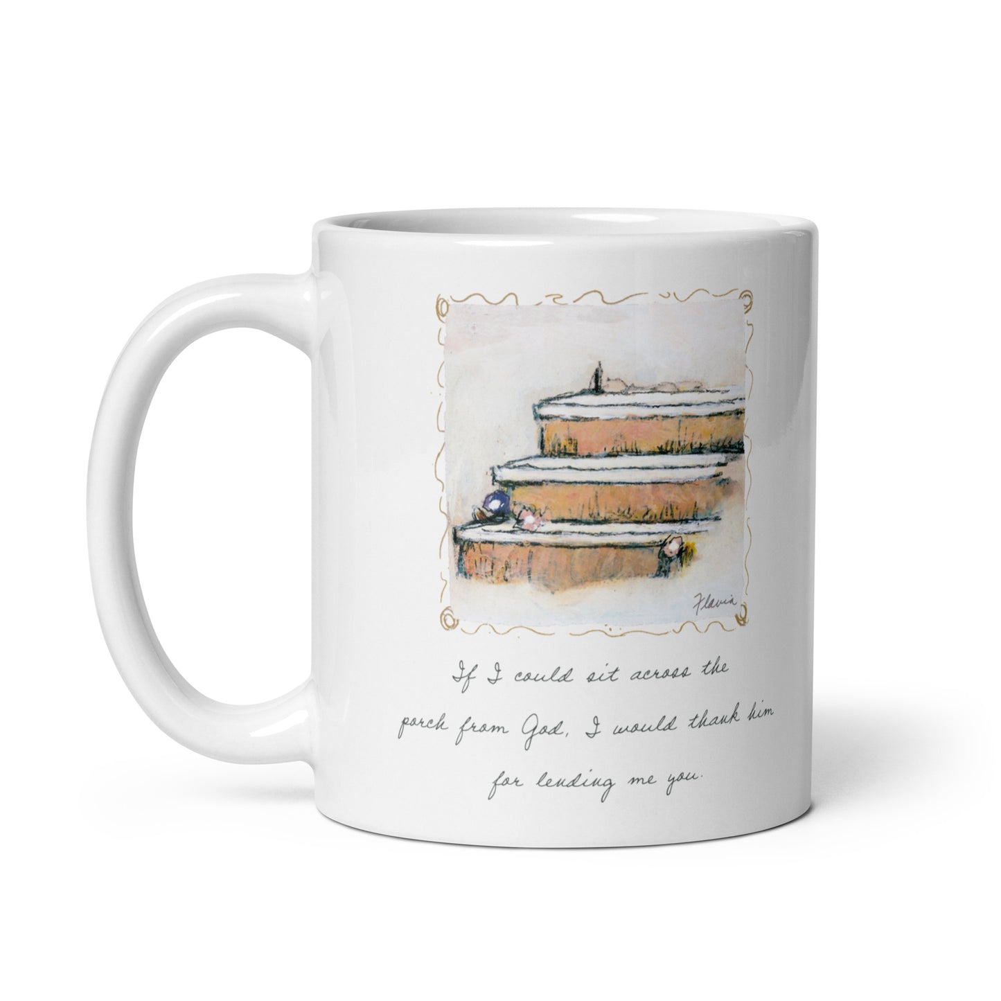 Flavia Across The Porch From God White glossy mug