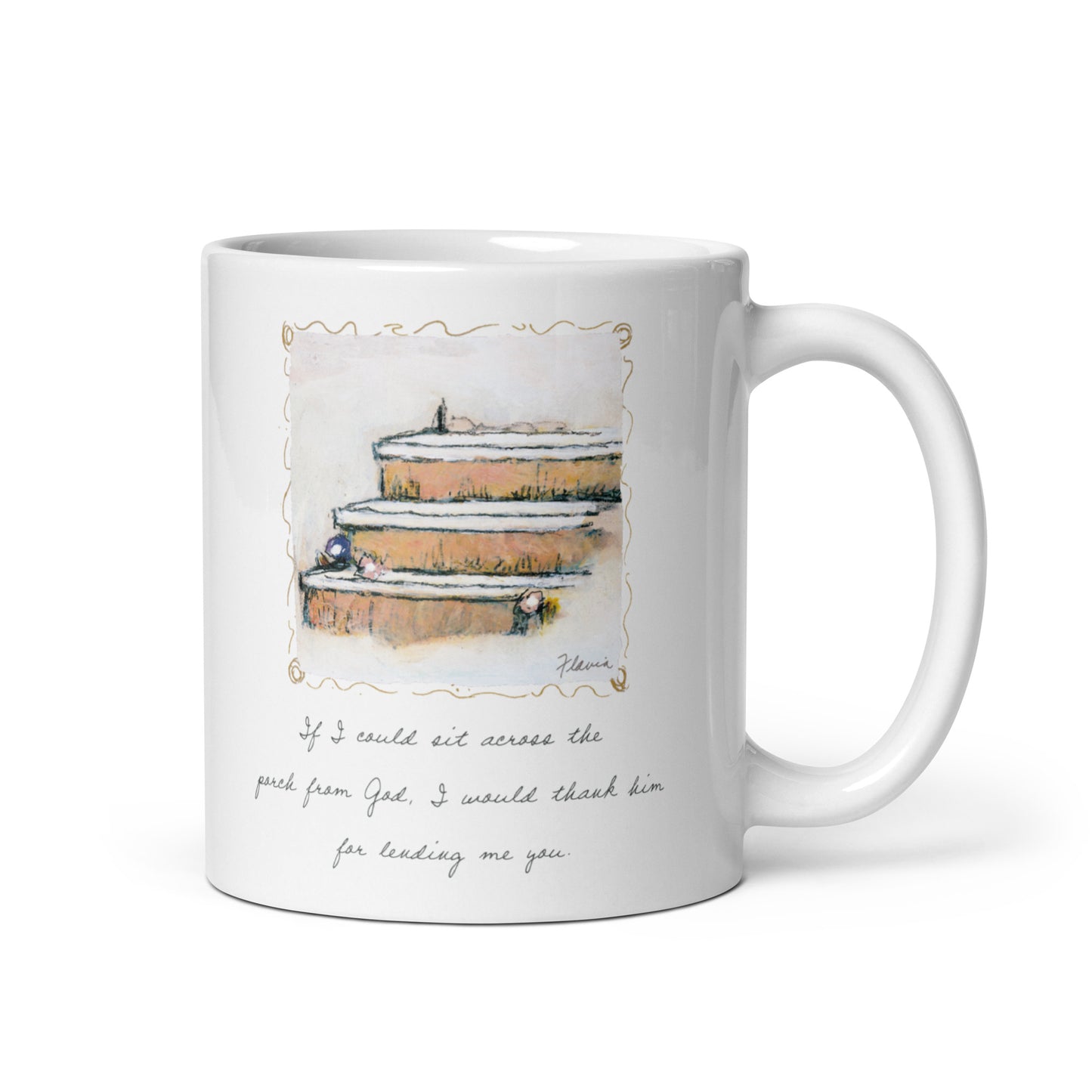 Flavia Across The Porch From God White glossy mug