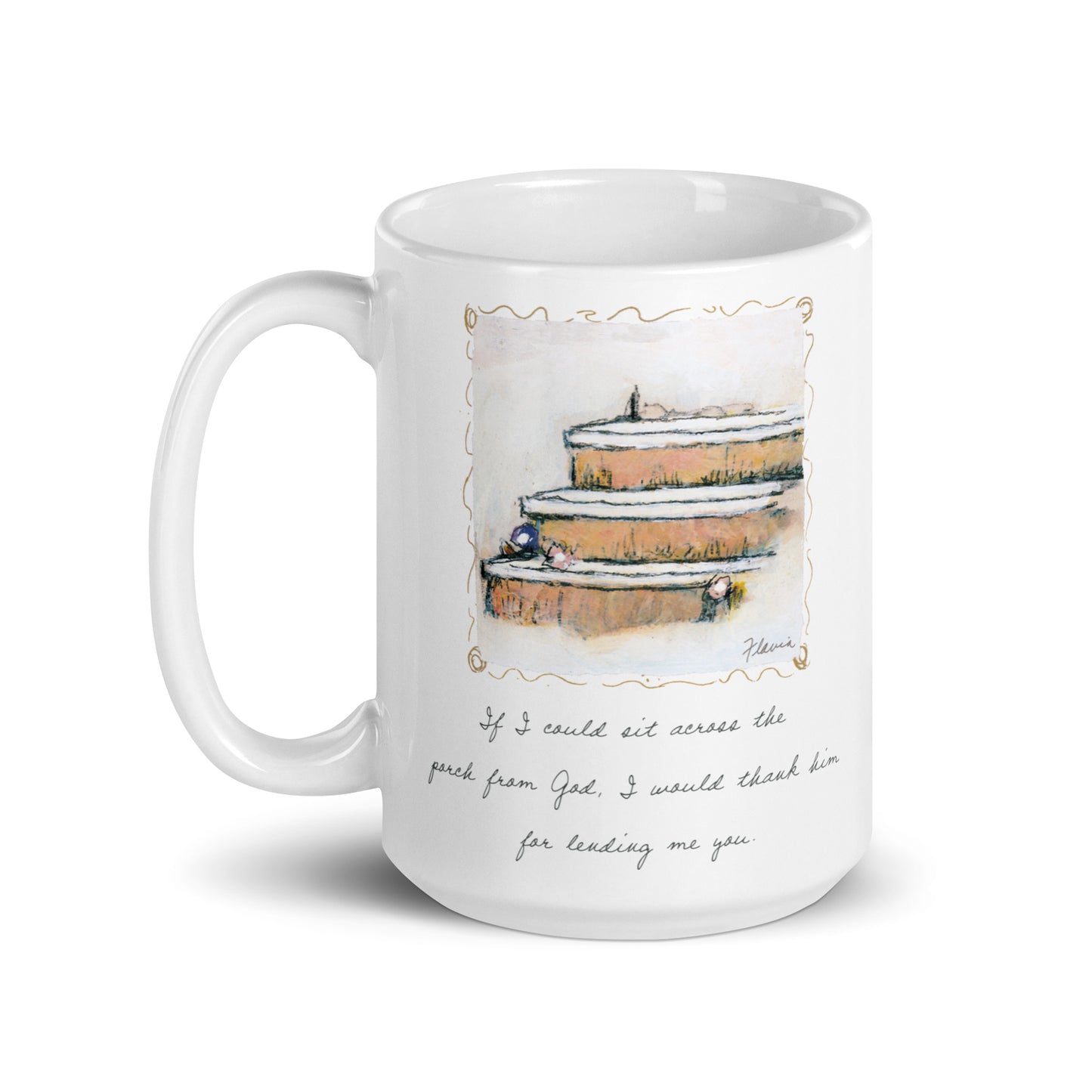 Flavia Across The Porch From God White glossy mug