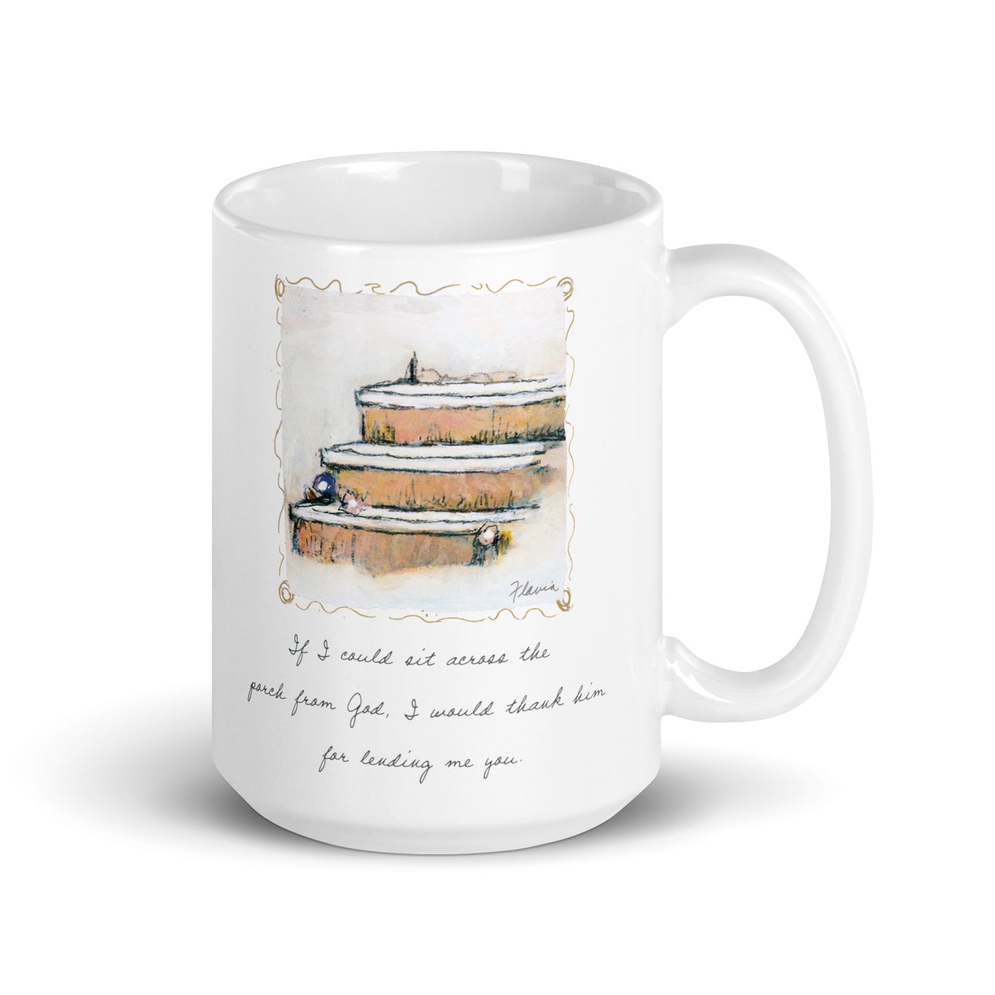 Flavia Across The Porch From God White glossy mug